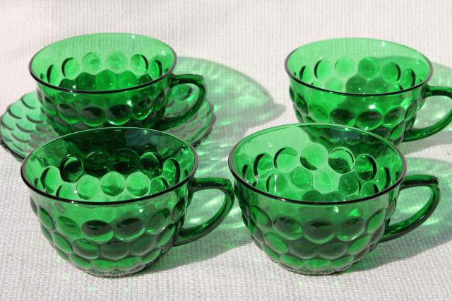 photo of vintage Anchor Hocking forest green glass bubble pattern cups, set of four #3