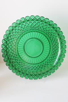 catalog photo of vintage Anchor Hocking forest green glass cake plate or sandwich tray, Waterford waffle pattern 