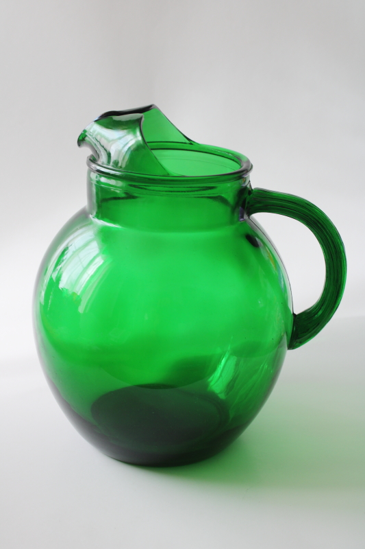 photo of vintage Anchor Hocking forest green glass, large roly poly pitcher mid century mod  #1