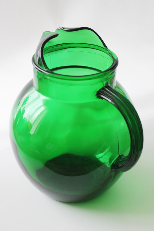 photo of vintage Anchor Hocking forest green glass, large roly poly pitcher mid century mod  #4