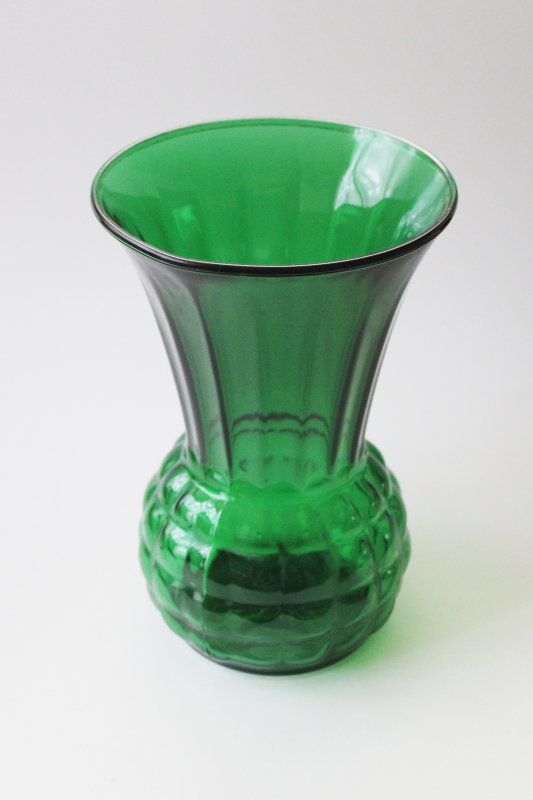 photo of vintage Anchor Hocking forest green glass vase, waffle pattern pressed glass #1