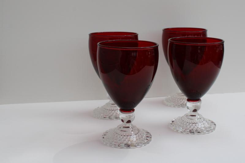 photo of vintage Anchor Hocking glass Royal ruby red / clear bubble foot water or wine glasses #1