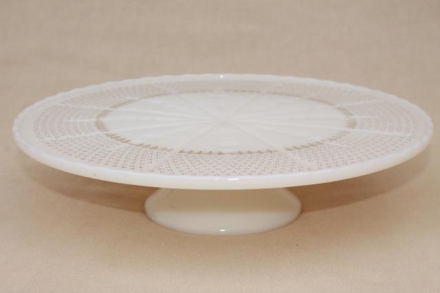 photo of vintage Anchor Hocking glass cake stand, old custard ivory glass pedestal plate #1