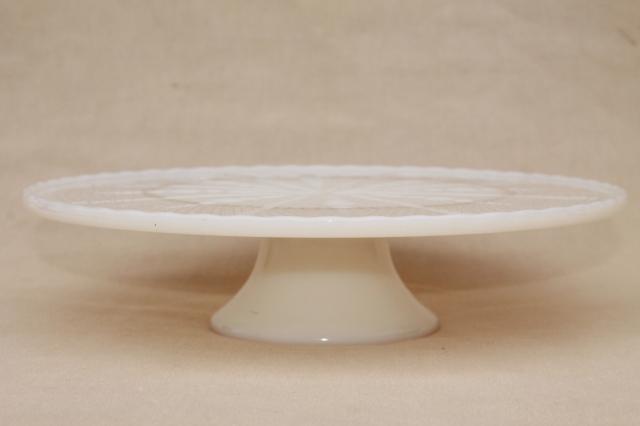 photo of vintage Anchor Hocking glass cake stand, old custard ivory glass pedestal plate #3