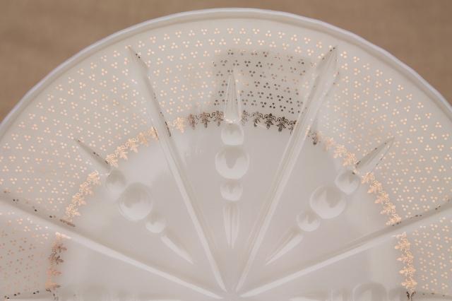 photo of vintage Anchor Hocking glass cake stand, old custard ivory glass pedestal plate #6