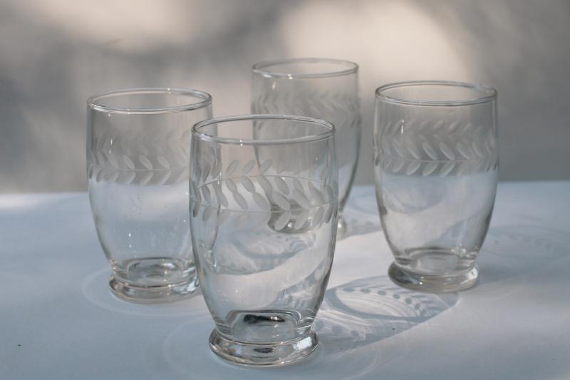 photo of vintage Anchor Hocking glass laurel etch wheel cut footed tumblers, crystal clear #1