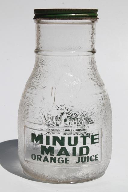 photo of vintage Anchor Hocking glass refrigerator bottle, Minute Maid orange juice advertising #1