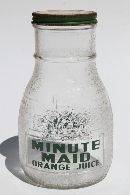 photo of vintage Anchor Hocking glass refrigerator bottle, Minute Maid orange juice advertising #3