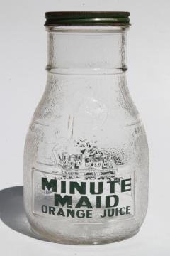 catalog photo of vintage Anchor Hocking glass refrigerator bottle, Minute Maid orange juice advertising