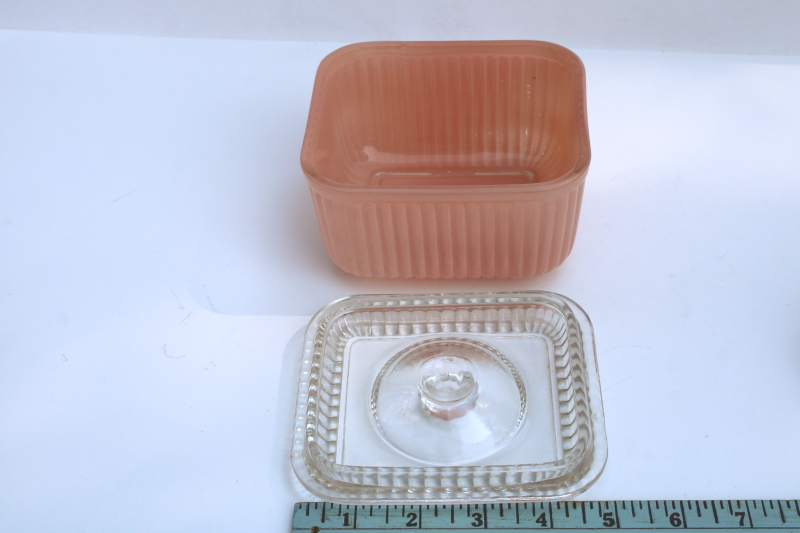 photo of vintage Anchor Hocking glass refrigerator dish, fridgie leftovers box, pink platonite color w/ clear  #2