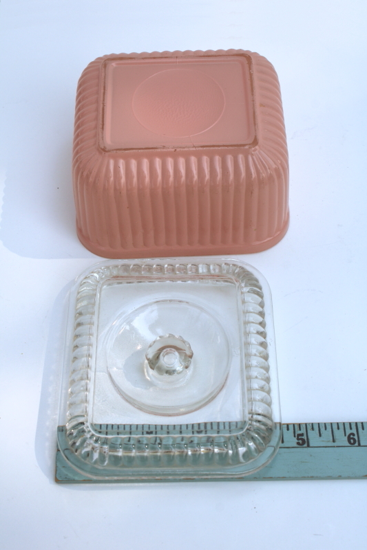 photo of vintage Anchor Hocking glass refrigerator dish, fridgie leftovers box, pink platonite color w/ clear  #5