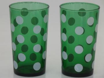 catalog photo of vintage Anchor Hocking glasses, polka dot forest green glass tumblers