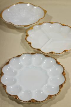 catalog photo of vintage Anchor Hocking gold trim milk glass relish dishes and deviled egg plate