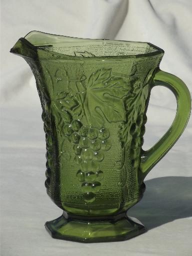 photo of vintage Anchor Hocking green glass grapes pattern pitcher, AH paneled grape #1