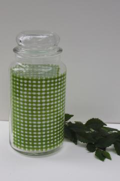 vintage Anchor Hocking green & white gingham checks glass canister jar