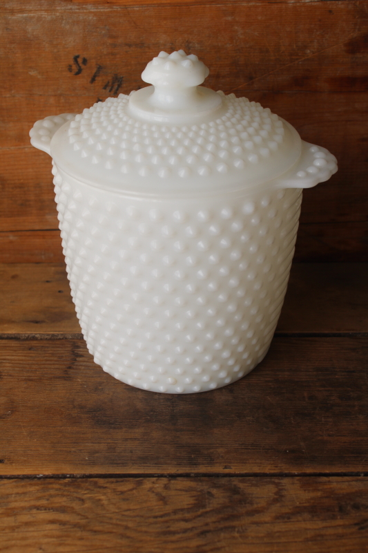 photo of vintage Anchor Hocking hobnail milk glass cookie jar w/ lid, large canister jar  #1