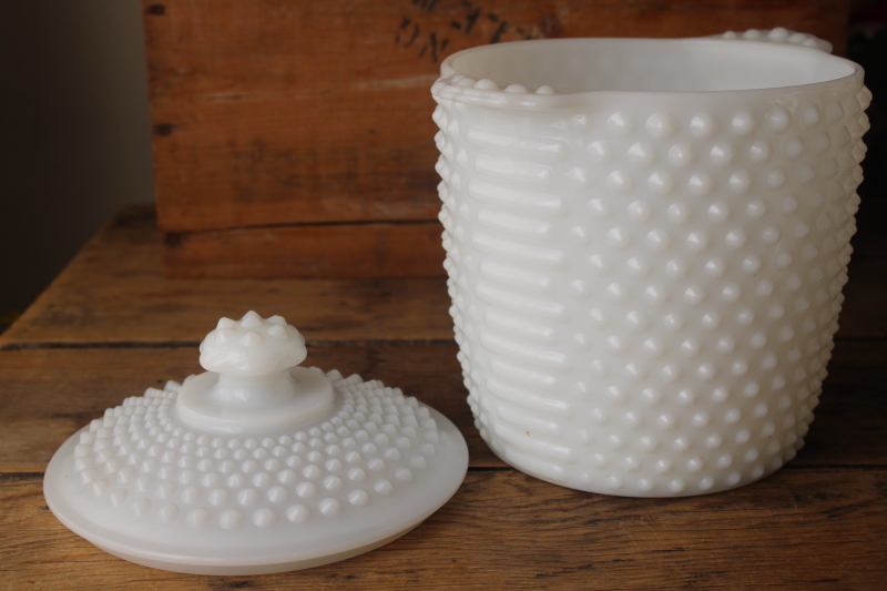 photo of vintage Anchor Hocking hobnail milk glass cookie jar w/ lid, large canister jar  #3