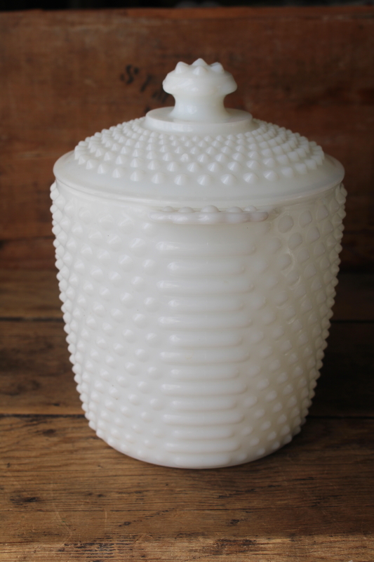 photo of vintage Anchor Hocking hobnail milk glass cookie jar w/ lid, large canister jar  #5