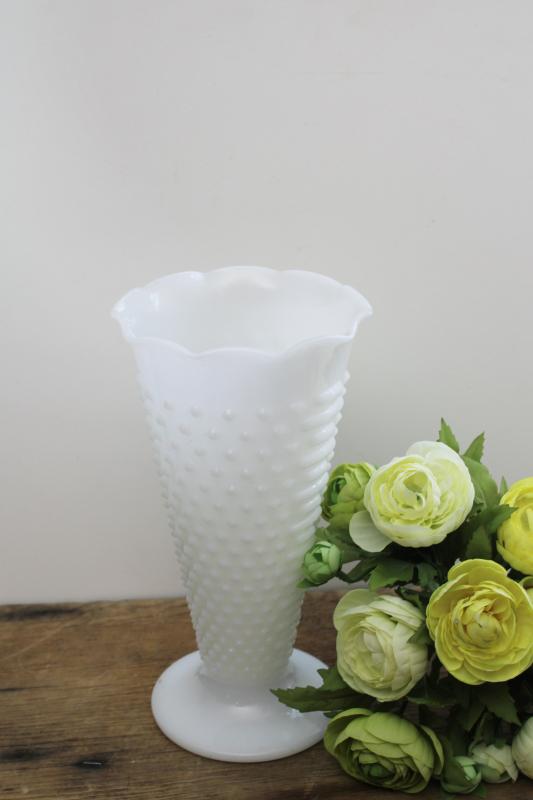 photo of vintage Anchor Hocking hobnail pattern milk glass vase, crimped trumpet shape #1