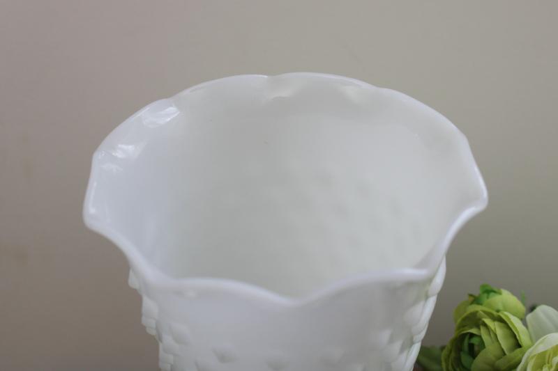 photo of vintage Anchor Hocking hobnail pattern milk glass vase, crimped trumpet shape #5