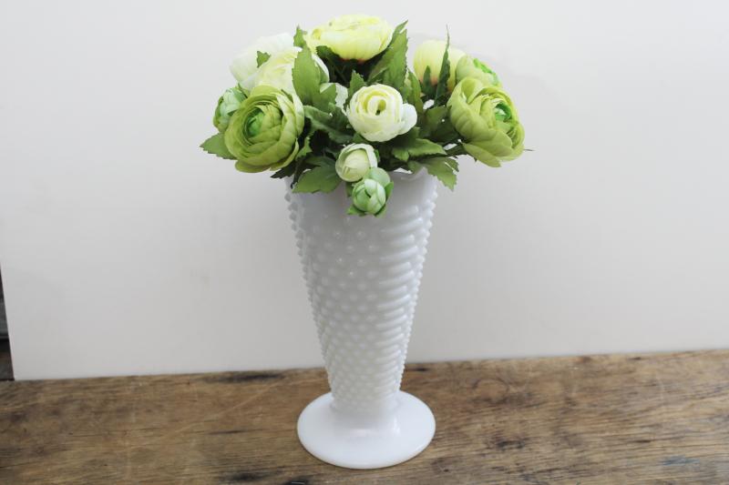 photo of vintage Anchor Hocking hobnail pattern milk glass vase, crimped trumpet shape #6