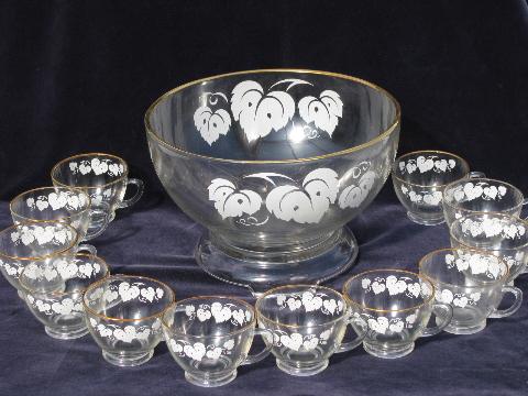 photo of vintage Anchor Hocking glass bowl, punch cups, grape leaves pattern #1