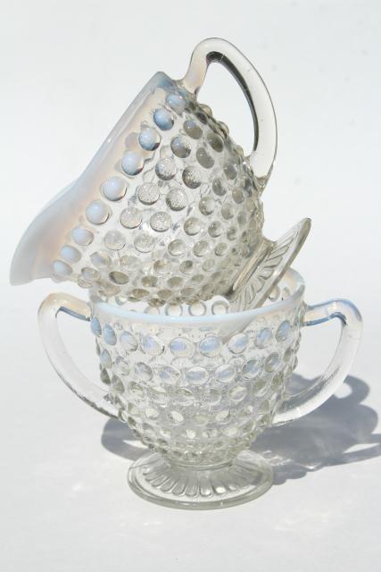 photo of vintage Anchor Hocking moonstone opalescent hobnail glass cream and sugar set #1