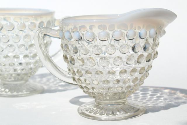 photo of vintage Anchor Hocking moonstone opalescent hobnail glass cream and sugar set #3