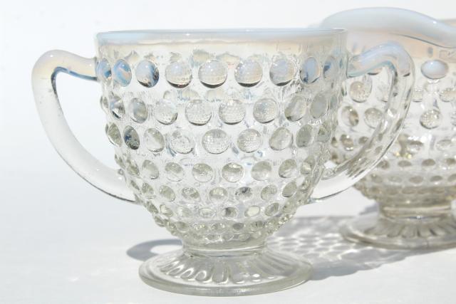 photo of vintage Anchor Hocking moonstone opalescent hobnail glass cream and sugar set #4