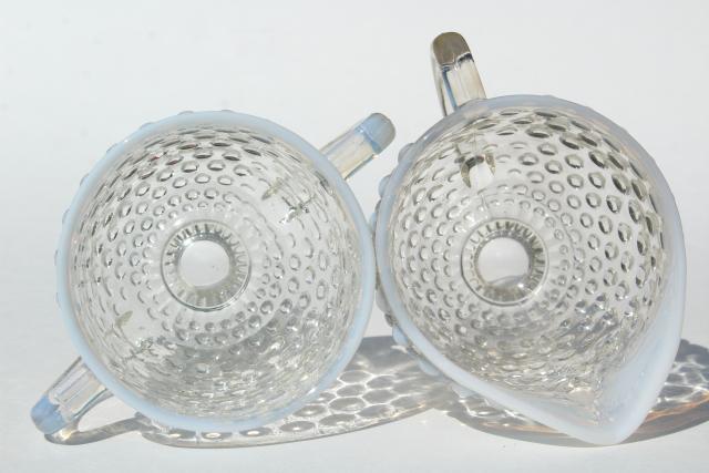 photo of vintage Anchor Hocking moonstone opalescent hobnail glass cream and sugar set #5