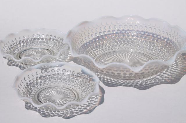 photo of vintage Anchor Hocking moonstone opalescent hobnail glass dishes, crimped bowls large & small #1