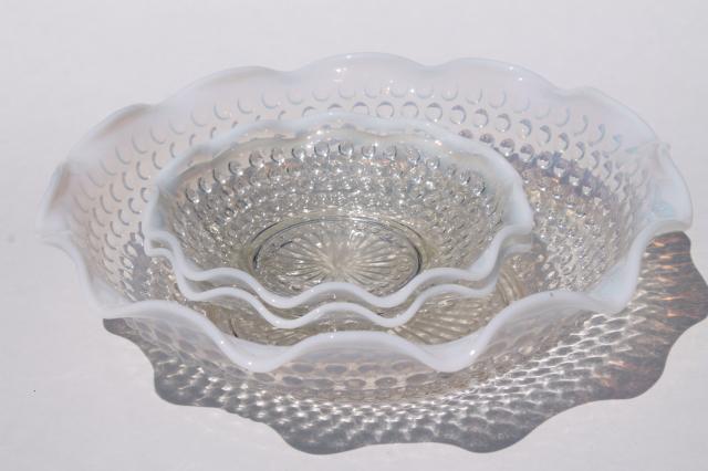 photo of vintage Anchor Hocking moonstone opalescent hobnail glass dishes, crimped bowls large & small #2