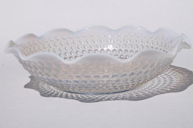 photo of vintage Anchor Hocking moonstone opalescent hobnail glass dishes, crimped bowls large & small #3