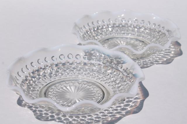 photo of vintage Anchor Hocking moonstone opalescent hobnail glass dishes, crimped bowls large & small #6