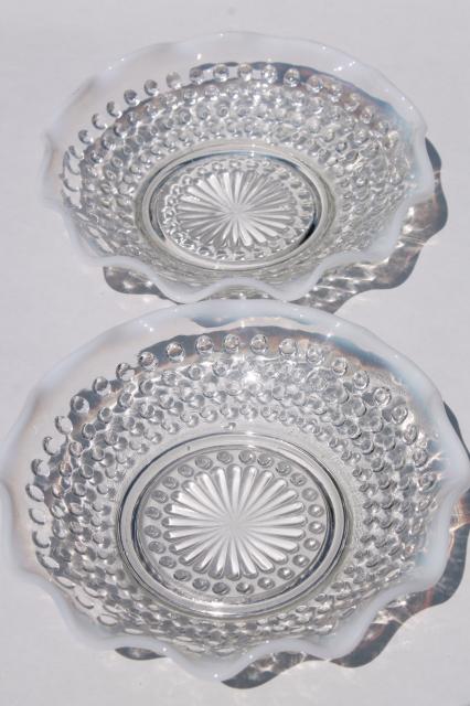 photo of vintage Anchor Hocking moonstone opalescent hobnail glass dishes, crimped bowls large & small #7