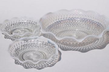 catalog photo of vintage Anchor Hocking moonstone opalescent hobnail glass dishes, crimped bowls large & small