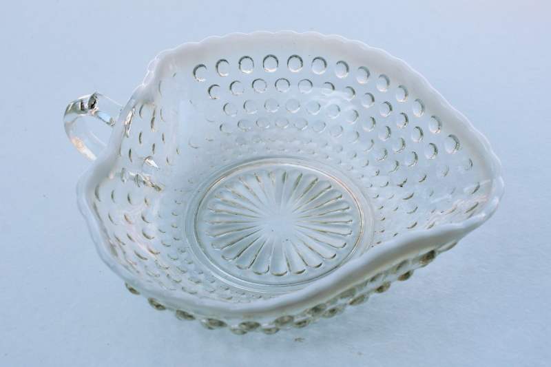 photo of vintage Anchor Hocking moonstone opalescent hobnail glass heart shaped nappy candy dish #1