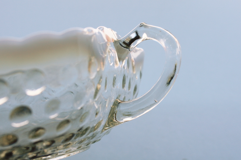 photo of vintage Anchor Hocking moonstone opalescent hobnail glass heart shaped nappy candy dish #2