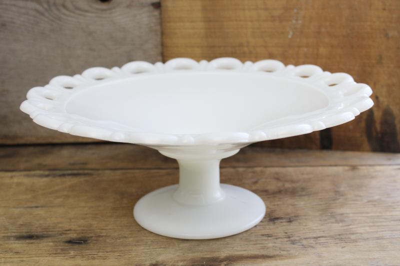 photo of vintage Anchor Hocking open lace edge milk glass dessert plate, fruit stand or compote  #1