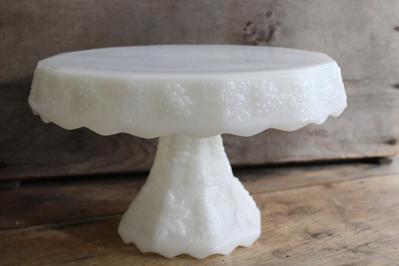 photo of vintage Anchor Hocking paneled grape pattern milk glass cake stand, harvest grapes #1