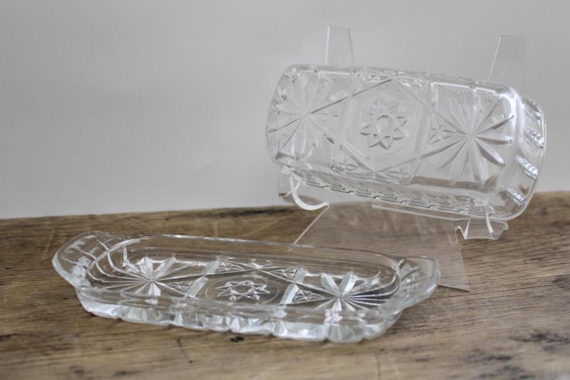 photo of vintage Anchor Hocking prescut star butter dish, clear glass plate w/ cover #1