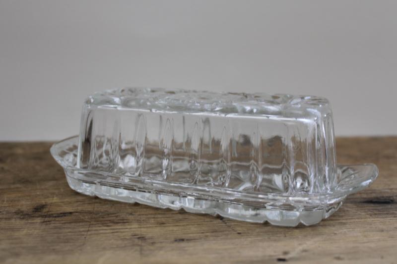 photo of vintage Anchor Hocking prescut star butter dish, clear glass plate w/ cover #2