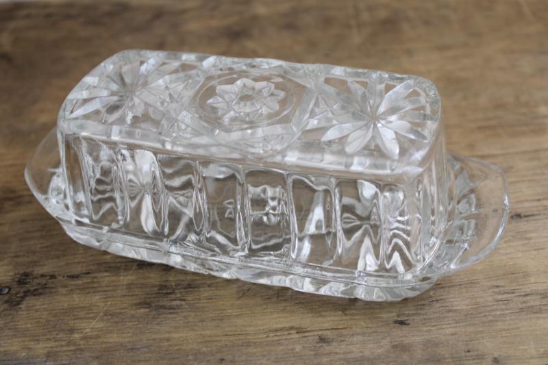 photo of vintage Anchor Hocking prescut star butter dish, clear glass plate w/ cover #3