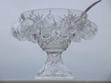 catalog photo of vintage Anchor Hocking pres-cut star  glass punch set, bowl w/ stand & cups 