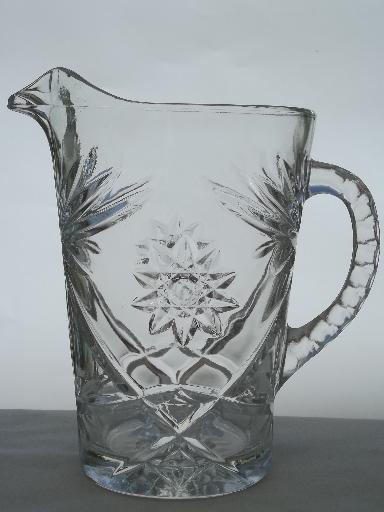 photo of vintage Anchor Hocking prescut star pattern glass pitcher, crystal clear pressed glass #1