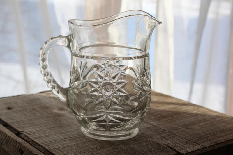 photo of vintage Anchor Hocking prescut star pattern pressed glass pint size pitcher #5