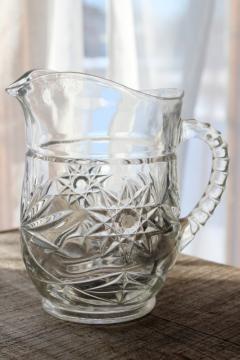 catalog photo of vintage Anchor Hocking prescut star pattern pressed glass pint size pitcher