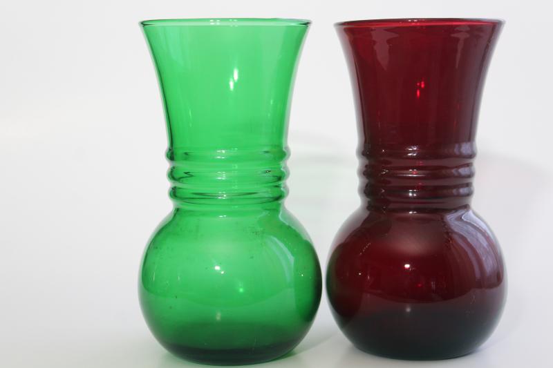 photo of vintage Anchor Hocking ring pattern vases, forest green & royal ruby red #5