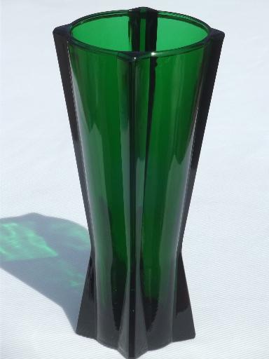 photo of vintage Anchor Hocking rocket vase, forest green glass art deco vase #2