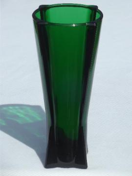 catalog photo of vintage Anchor Hocking rocket vase, forest green glass art deco vase